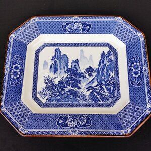 Japanese Platter blue white transferware pagoda Ironstone LARGE